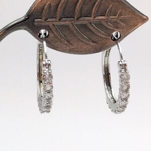 Sterling Silver SUN 925 Hinged Back Hoop Earrings White Lab-Created Sapphires